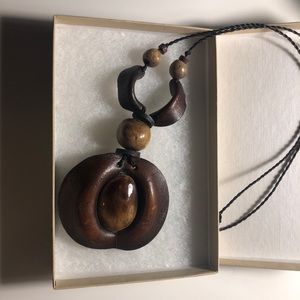 Amber leather and wood necklace